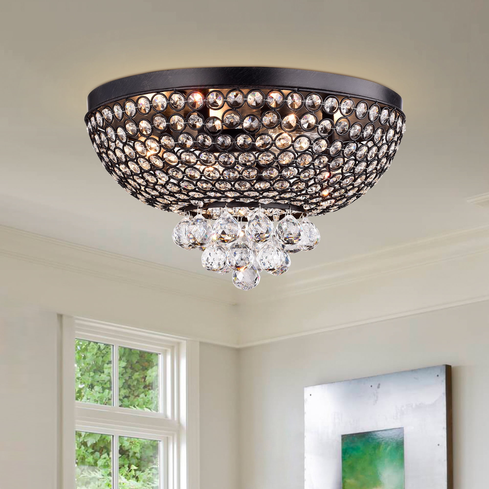 Antique Bronze Crystal Cluster Flush Mount Ceiling Light
