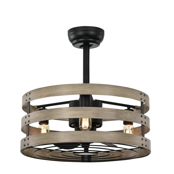 Warehouse of Tiffany Eden Matte Black+Imitation Wood Grain 20 inch 3-Light Metal Drum Shade Ceiling Fan