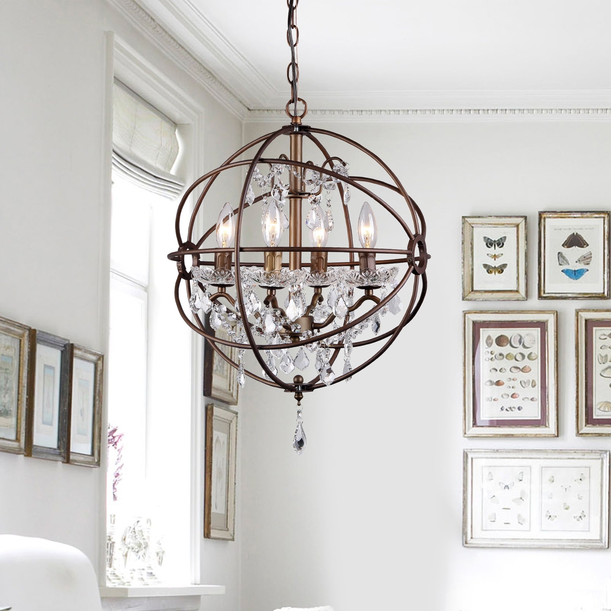 Antique Bronze Crystal Sphere Chandelier with Candle Style Lights