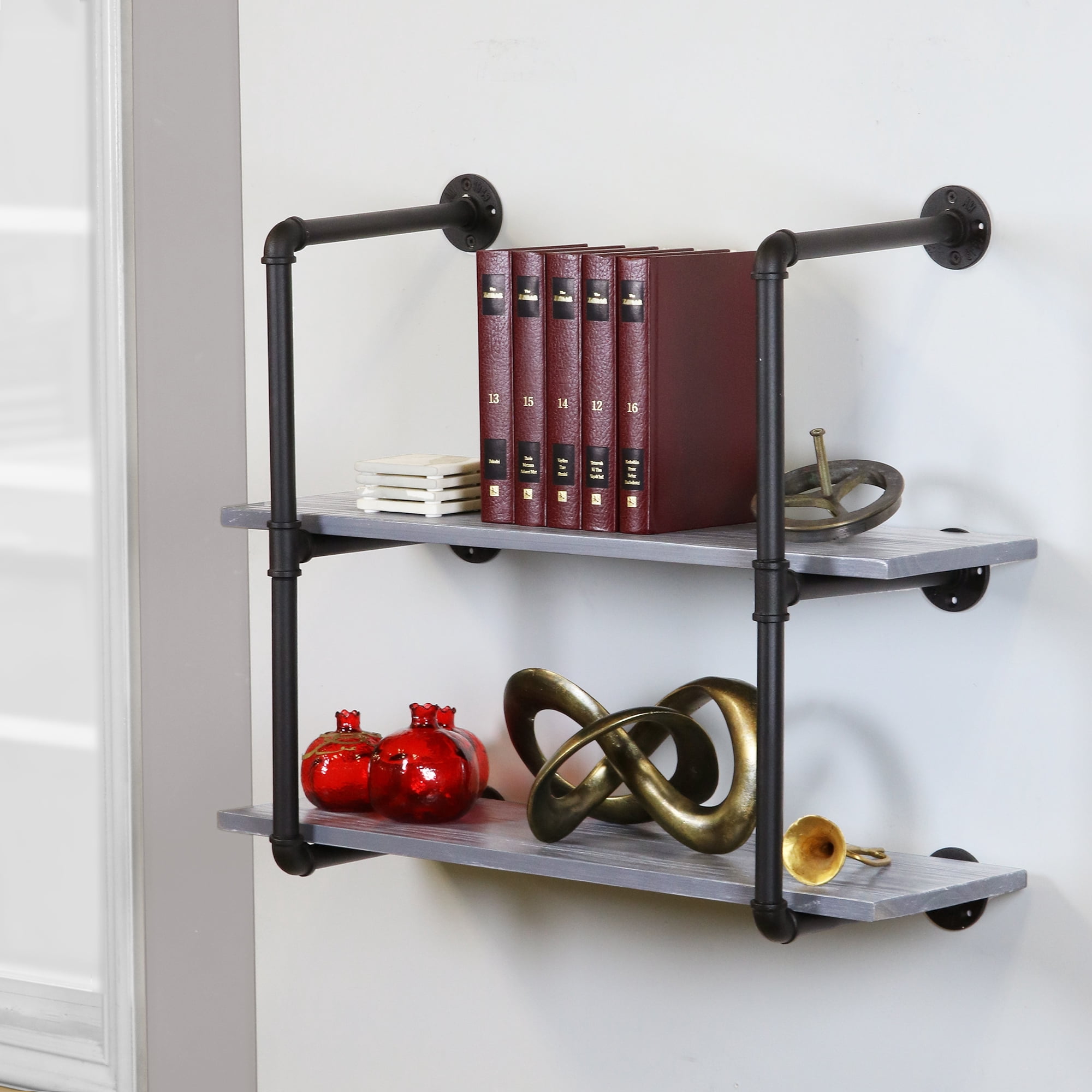 Warehouse of Tiffany Feduor Black Pipe 2-Level Weathered Gray Floating Wooden Bookshelves