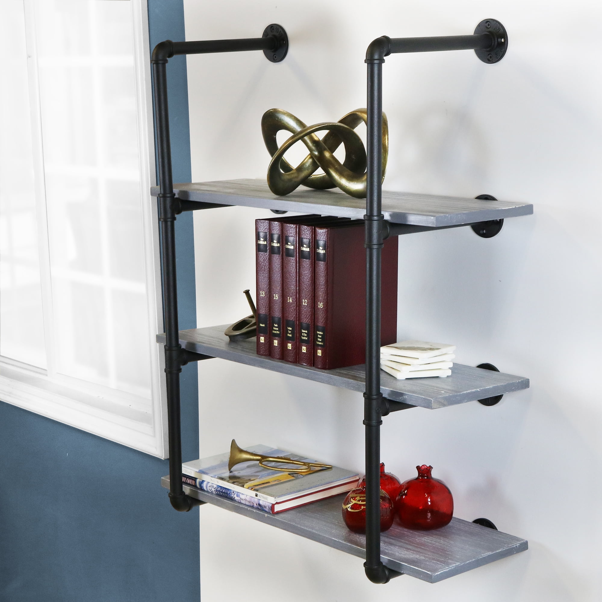 Warehouse of Tiffany Fetrior Black Pipe 3 Level Weathered Gray Floating Wooden Bookshelves