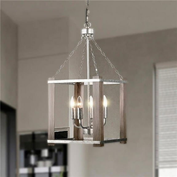 Jenus 13 in. 4-Light Indoor Rustic Silver and Faux Wood Grain Finish Chandelier with Light Kit