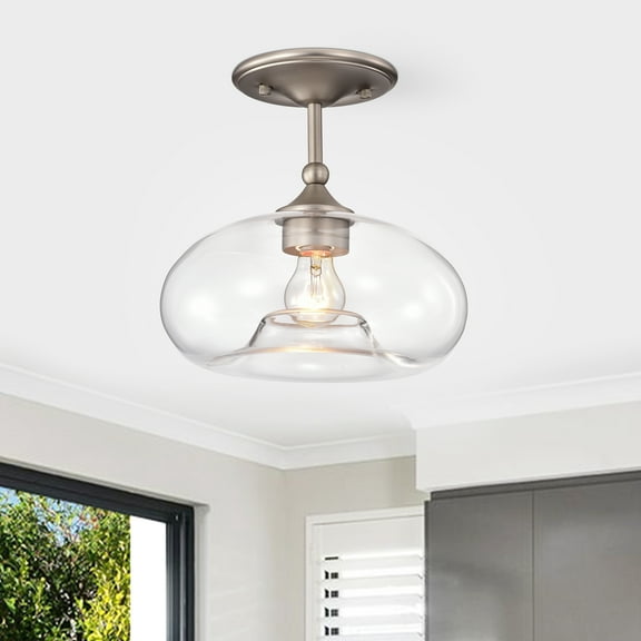 Amin Matte Satin Nickel 1-Light Metal & Glass Bowl Shade Semi-Flush Mount