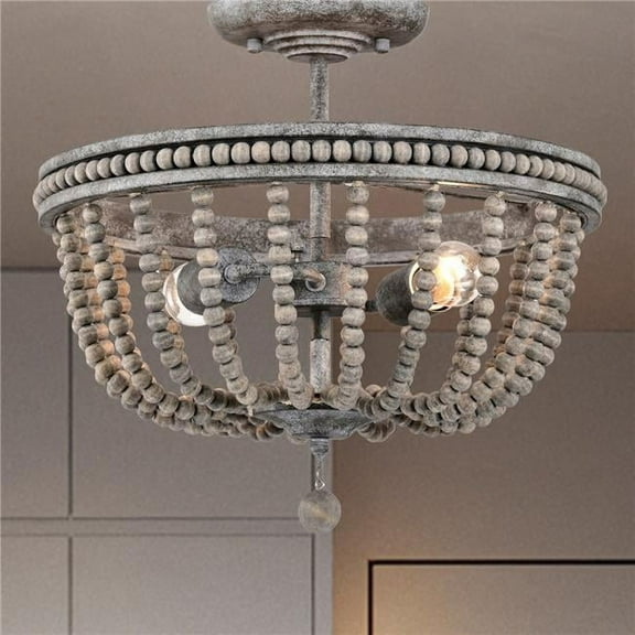Pocany 16 in. 2-Light Indoor Weathered Grey Finish Semi-Flush Mount Ceiling Light with Light Kit