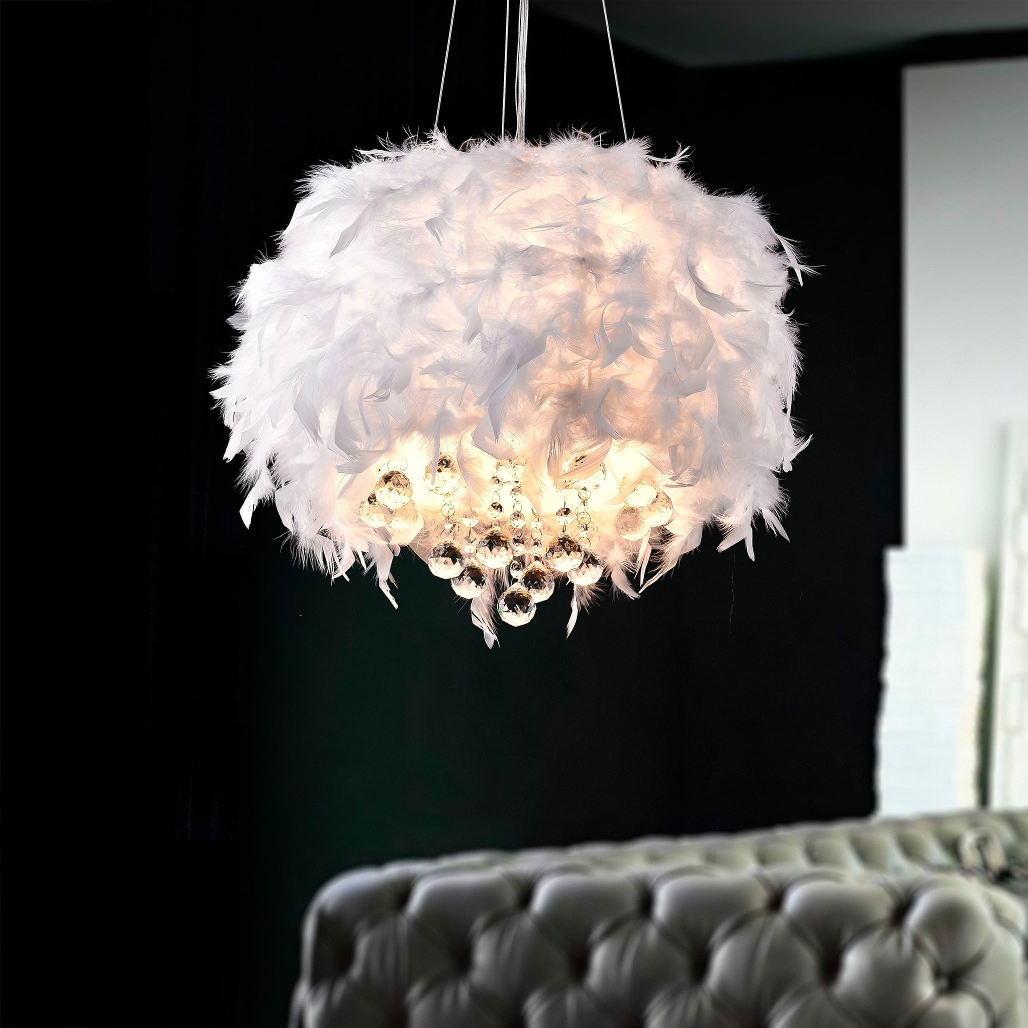 Iglesias White Feather and Crystal Pendant Light