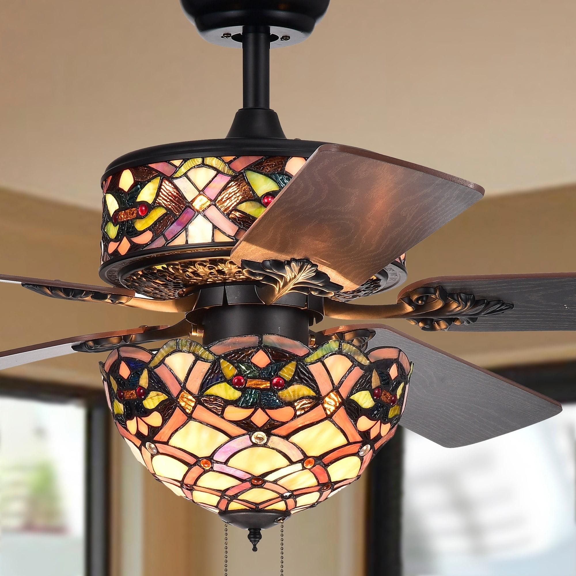 Kalsti Matte Black 52-Inch Tiffany Glass Chandelier Ceiling Fan