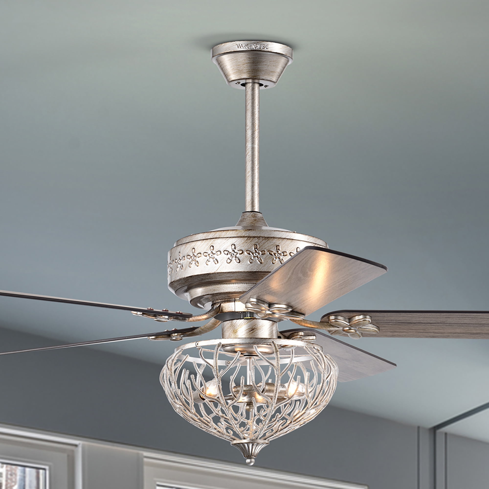 Warehouse of Tiffany Kannon 52 Inch Ceiling Fan Antique Silver Finish Shabby Chic Style with Remote