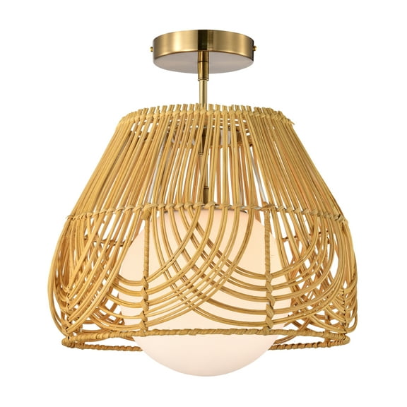 Lada 13 in. 1-Light Indoor Brass and Woven Rattan Finish Semi-Flush Mount Ceiling Light with Light Kit