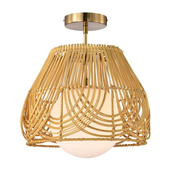 Lada 13 in. 1-Light Indoor Brass and Woven Rattan Finish Semi-Flush Mount Ceiling Light with Light Kit