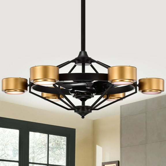 Warehouse of Tiffany Larissa Matte Black+Gold 37-inch 6-Light Open Metal Cage Ceiling Fan