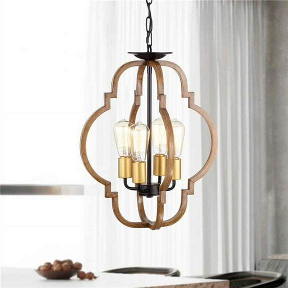 Ason 16 in. 4-Light Indoor Matte Black and Faux Wood Grain Finish Pendant with Light Kit