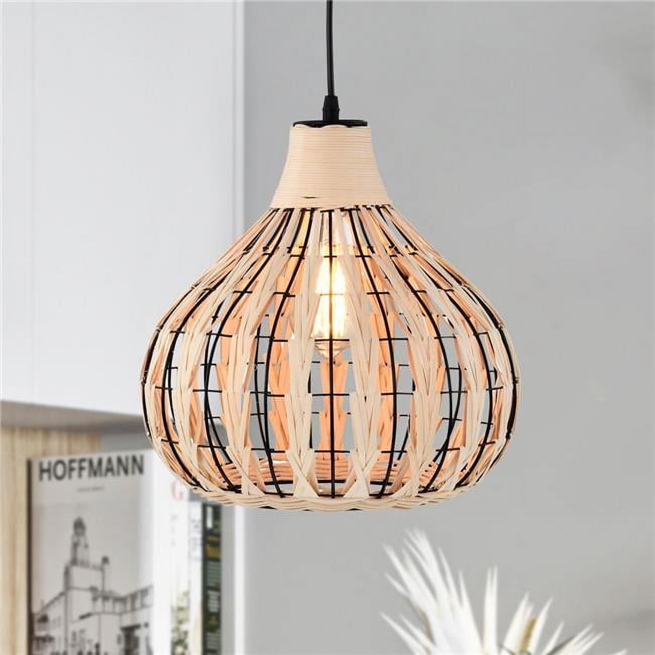Zilpah 12 in. 1-Light Indoor Matte Black and Woven Rattan Finish Pendant with Light Kit