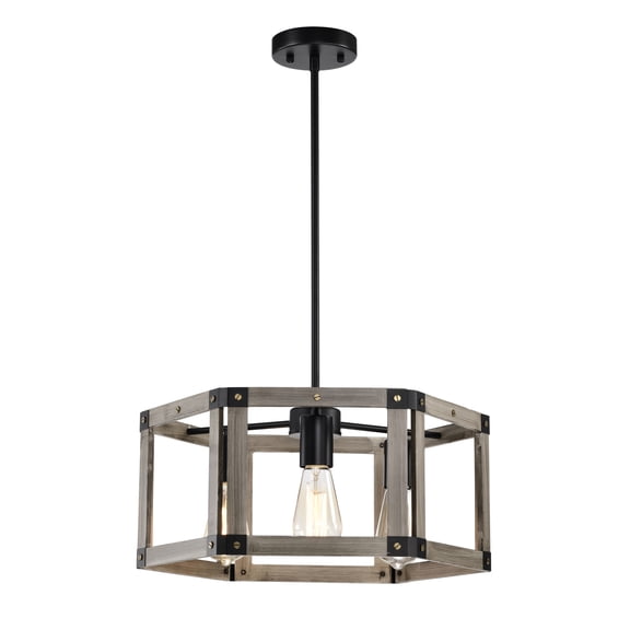 Malli 19 in. 3-Light Indoor Matte Black and Faux Wood Grain Finish Chandelier with Light Kit