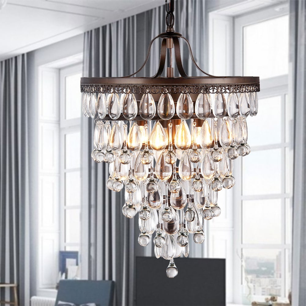 Antique Bronze Crystal Tiered Pyramid Chandelier - 15"