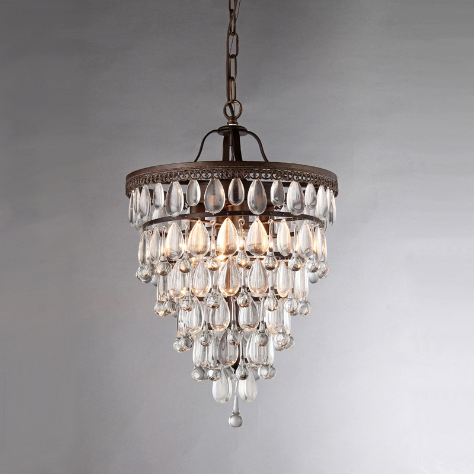 Antique Bronze Crystal Tiered Pyramid Chandelier - 15"