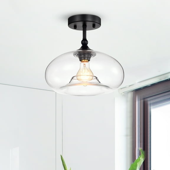 Warehouse of Tiffany Masix Matte Black 1-Light Semi Flush-mount Lamp with Donut Glass Shade