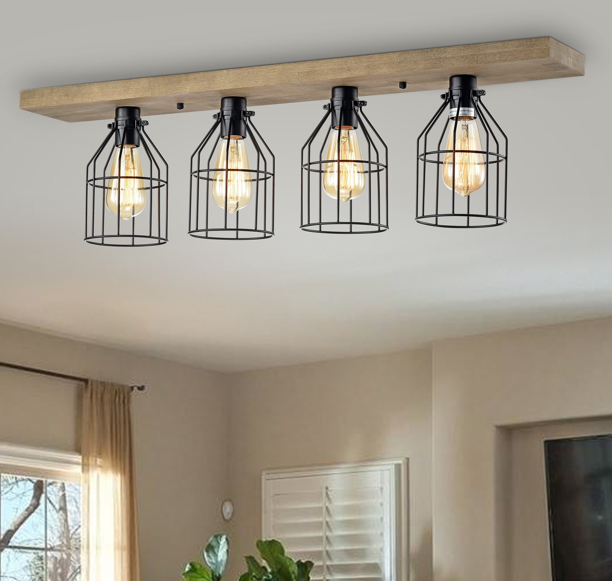 Warehouse of Tiffany Matzing 4-Light Wood and Metal Cage Flush Mount