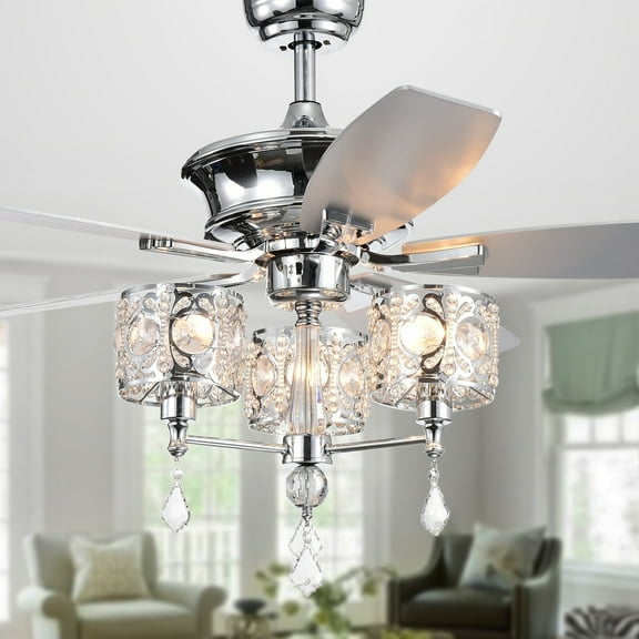 Warehouse of Tiffany Miramis 5-Blade 52-inch Chrome Lighted Ceiling Fan with Crystal Chalice Chandelier with Remote Control