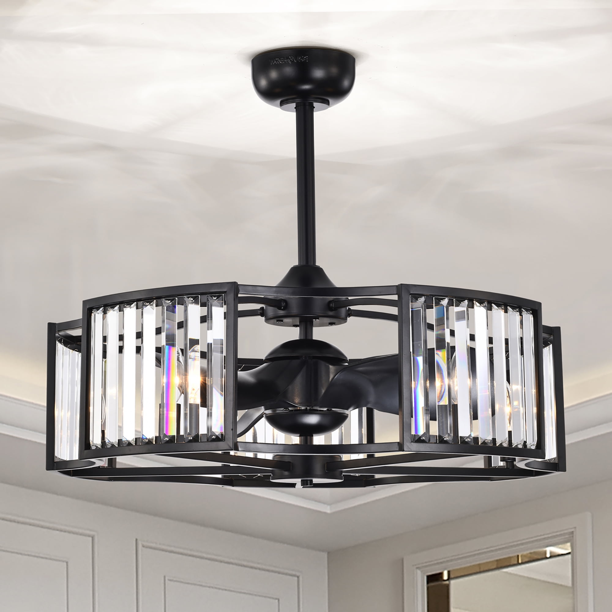 Matte Black Crystal LED Ceiling Fan Chandelier with Remote