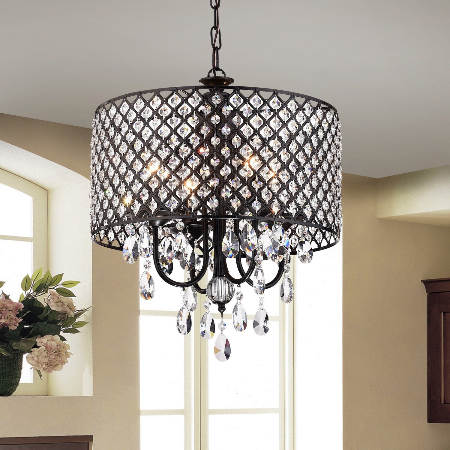 Black Crystal 17" Round Chandelier with Crystal Drops