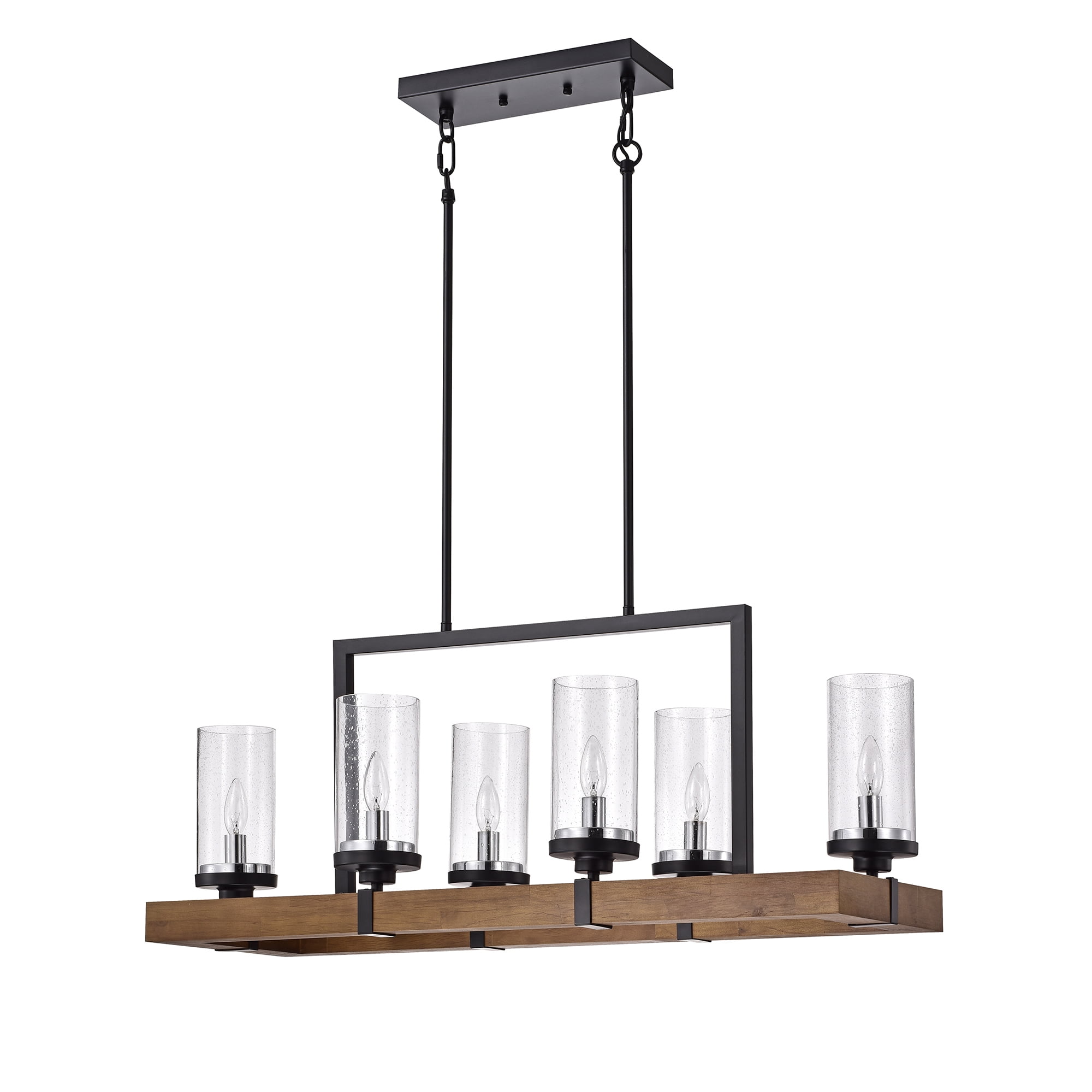 Black and Oak Wood 6-Light Linear Chandelier with Seeded Glass Shades