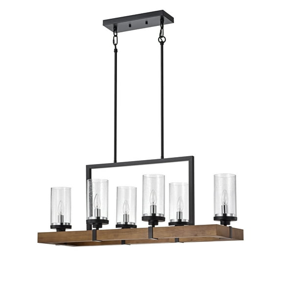 Warehouse of Tiffany PD002/6BR Sonoma Wood and Metal 6 Light Linear Chandelier with Seeded Glass Shades