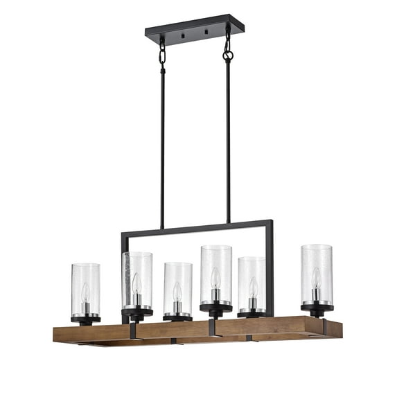 Warehouse of Tiffany PD002/6BR Sonoma Wood and Metal 6 Light Linear Chandelier with Seeded Glass Shades