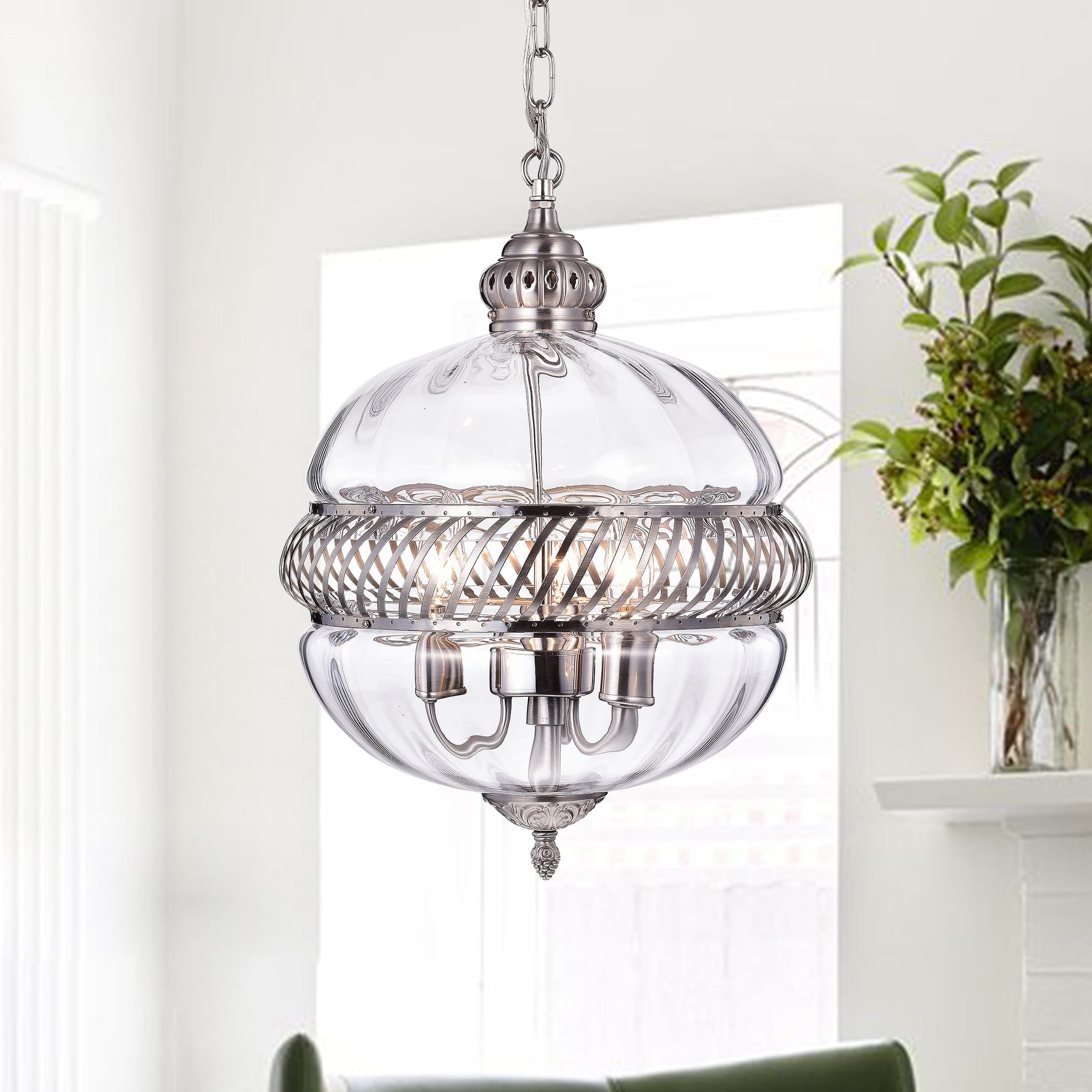Polished Nickel Clear Glass Globe Pendant Light, 16-inch