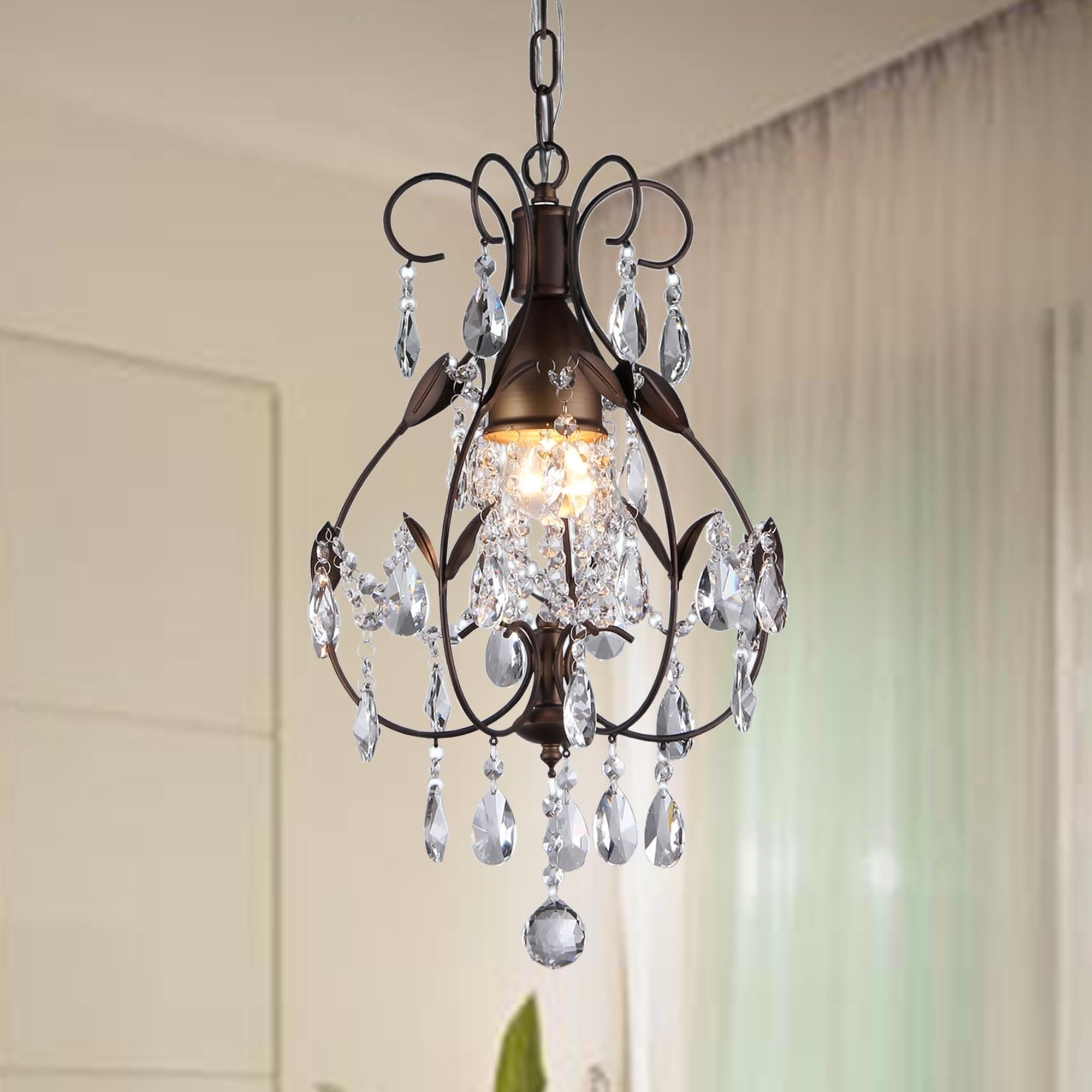 Antiqued Bronze Leaf-Design Chandelier with Hanging Crystals
