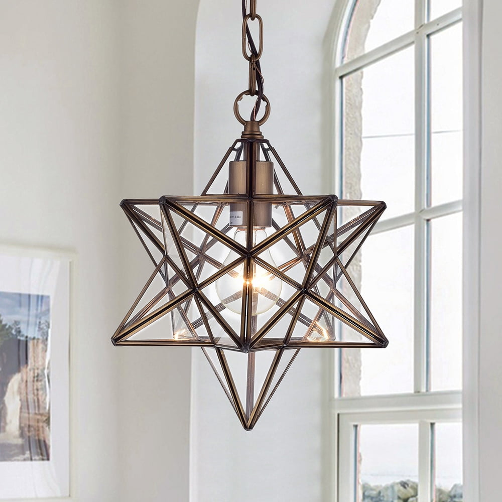 Antique Bronze Star Faceted Glass Pendant Light 11"