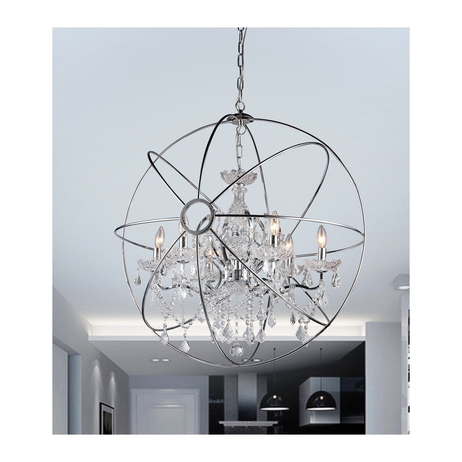 Cosmic Elegance Chrome Teardrop Crystal 6-Light Chandelier