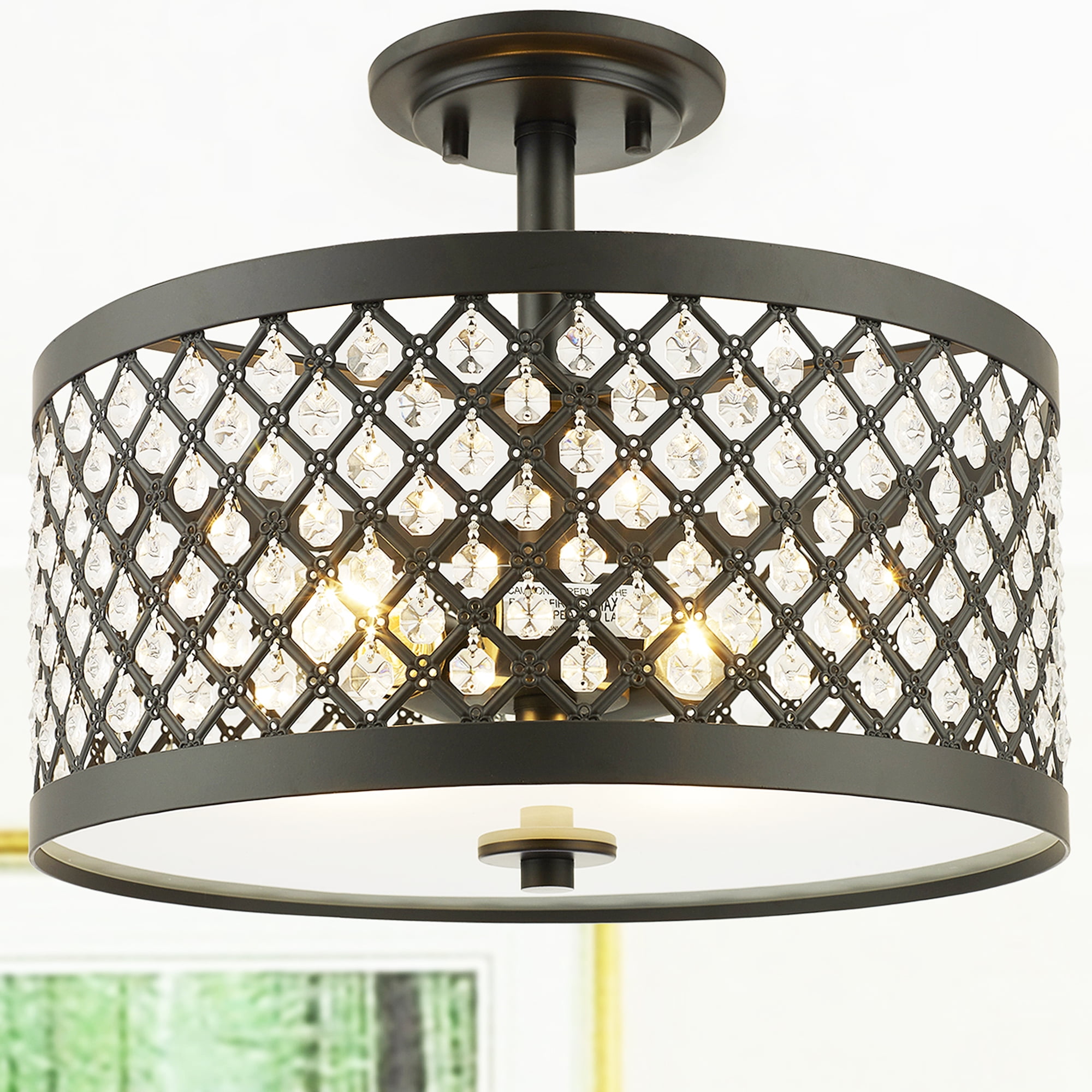Bronze Semi-Flushmount Ceiling Lamp with Crystal Lattice Shade