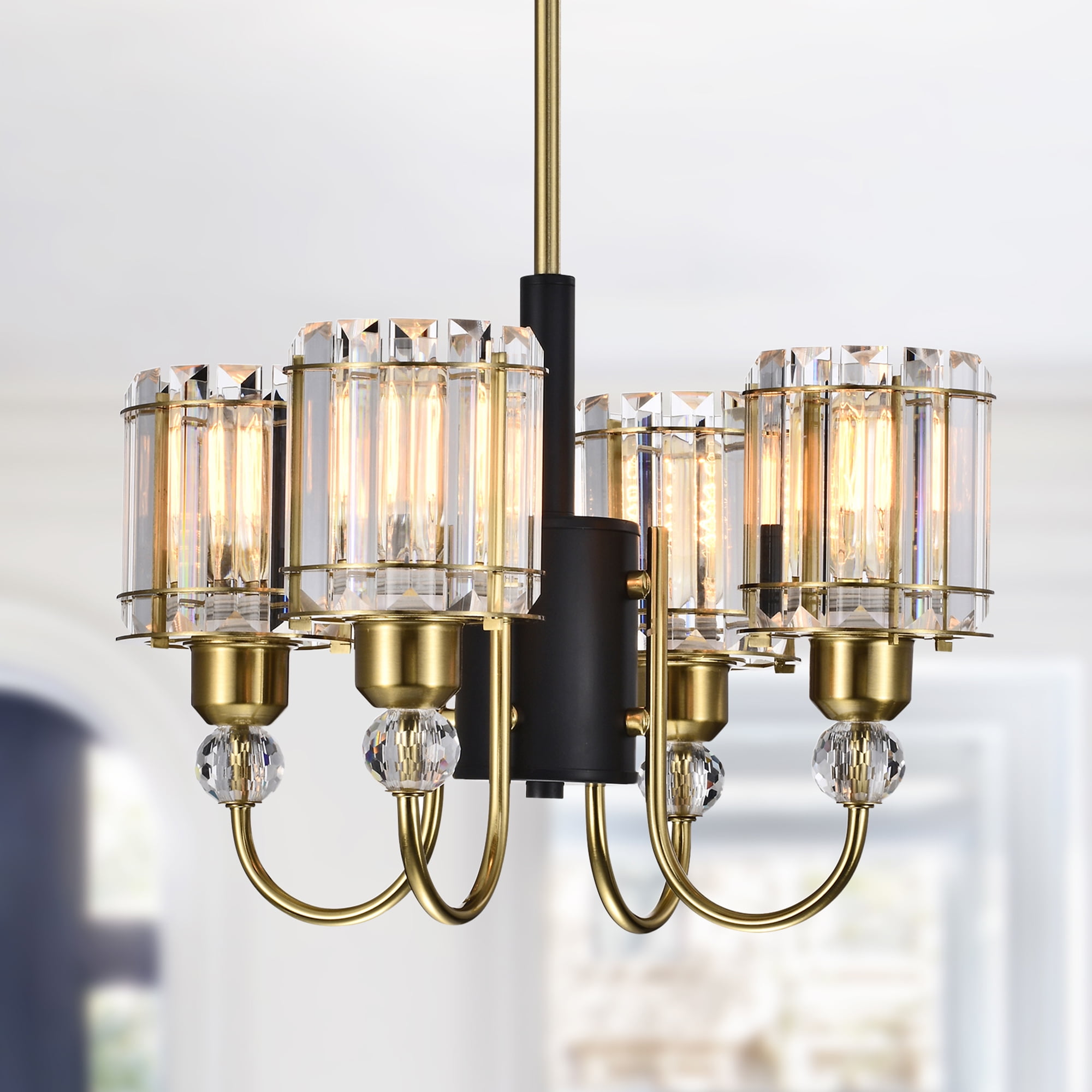 Sirita 16" Matte Black and Brass 4-Light Crystal Chandelier
