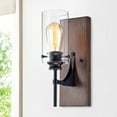 thumbnail image 1 of Warehouse of Tiffany Stravo 1-Light Black and Faux Wood Finish Metal Wall Sconce with Glass Cylinder Shade (includes Edison Bulb), 1 of 3