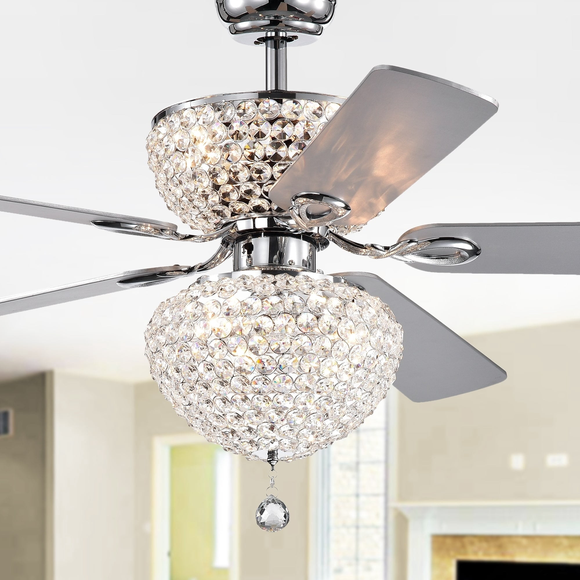 Warehouse of Tiffany Swarana Chrome Dual Lighted Ceiling Fan with Crystal Shades (includes Remote and Light Kit)