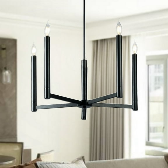 Tayon 24 in. 5-Light Indoor Satin Black Finish Chandelier with Light Kit