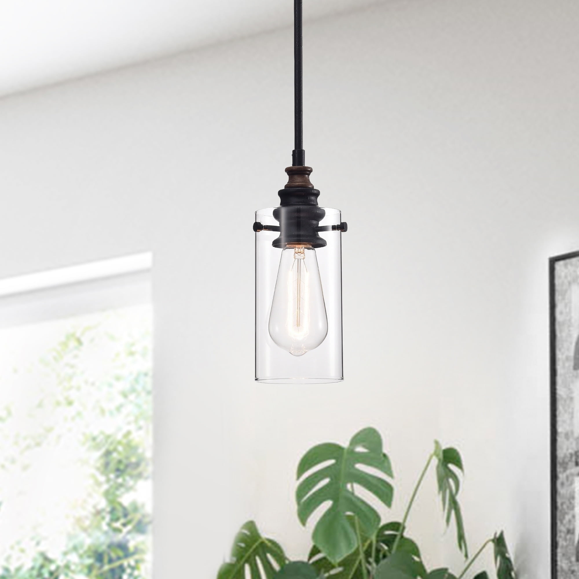 Elegance Noir 32'' Black Iron Glass Cylinder Pendant Light