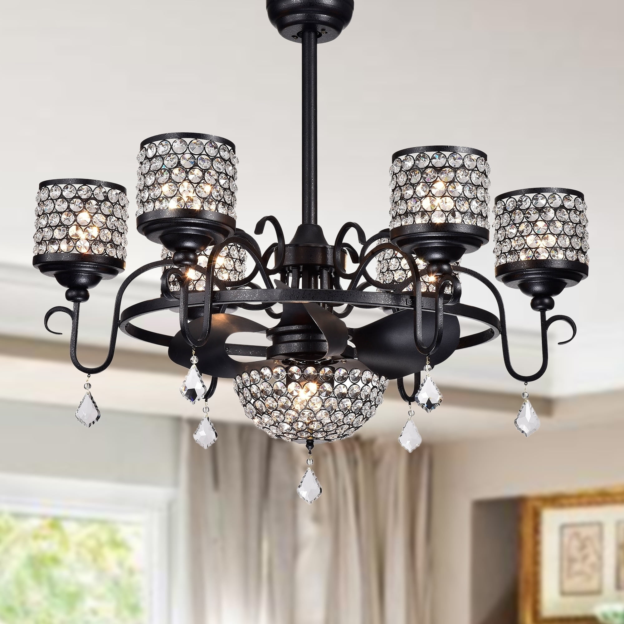 Warehouse of Tiffany Torbay 35” Forged Black Crystal Fandelier Ceiling Fan with Remote Control