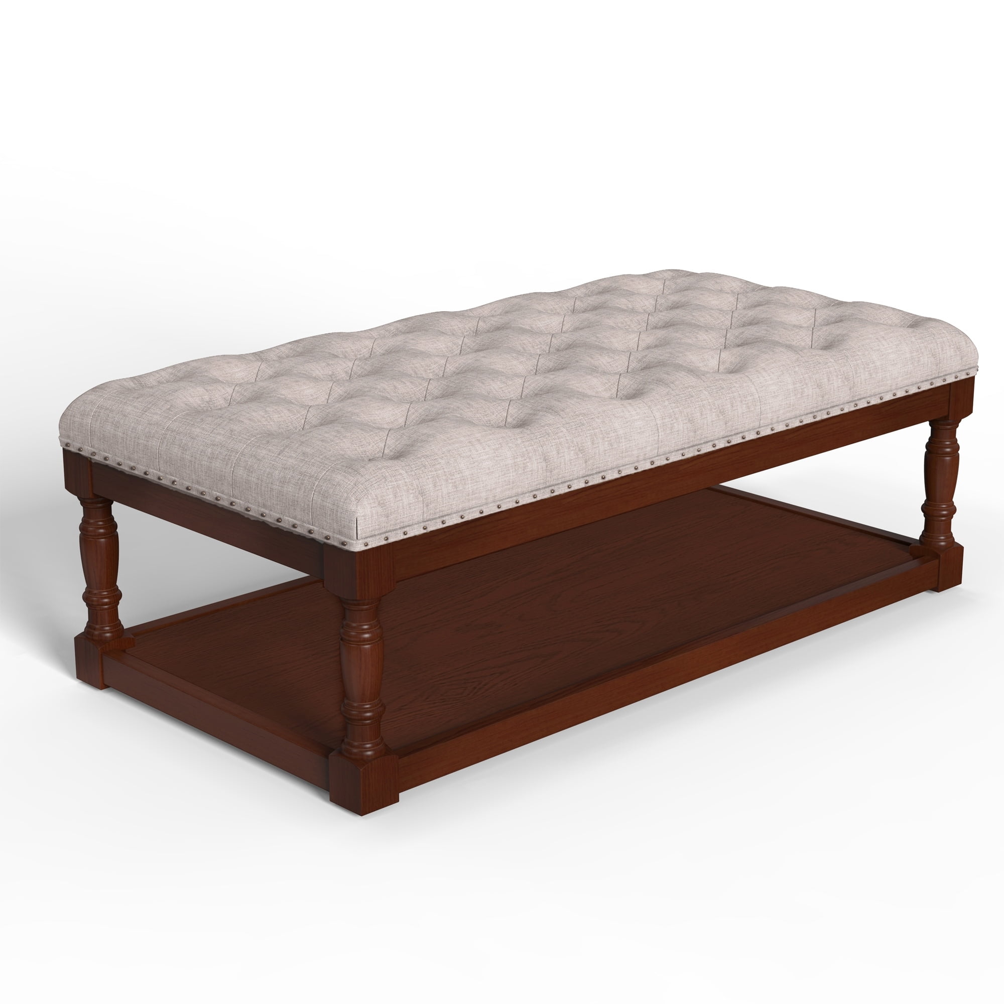 Natural Linen Tufted Cocktail Ottoman with Brown Wooden Frame