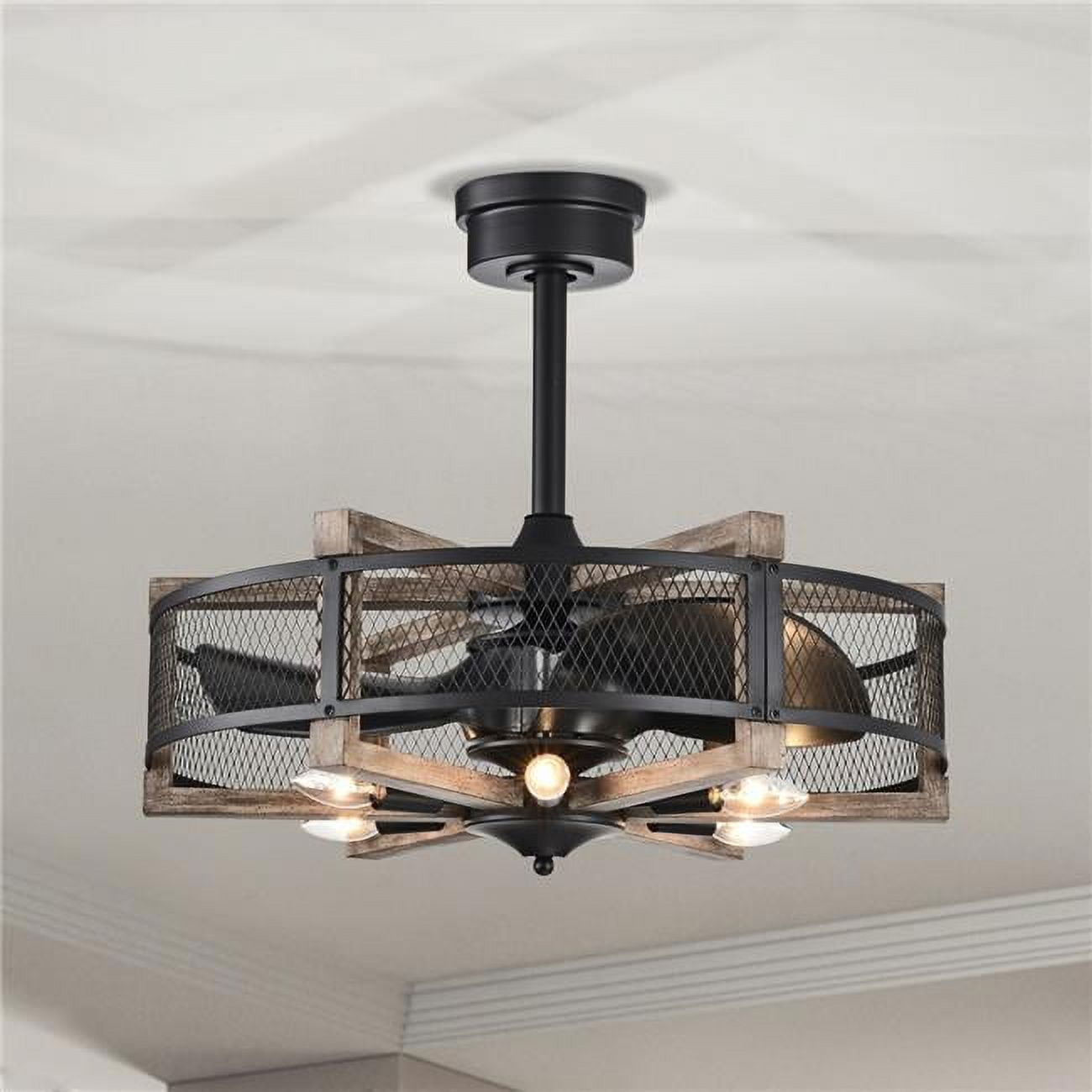 Wulf 24 in. 6-Light Indoor Matte Black and Faux Wood Grain Finish Ceiling Fan with Light Kit