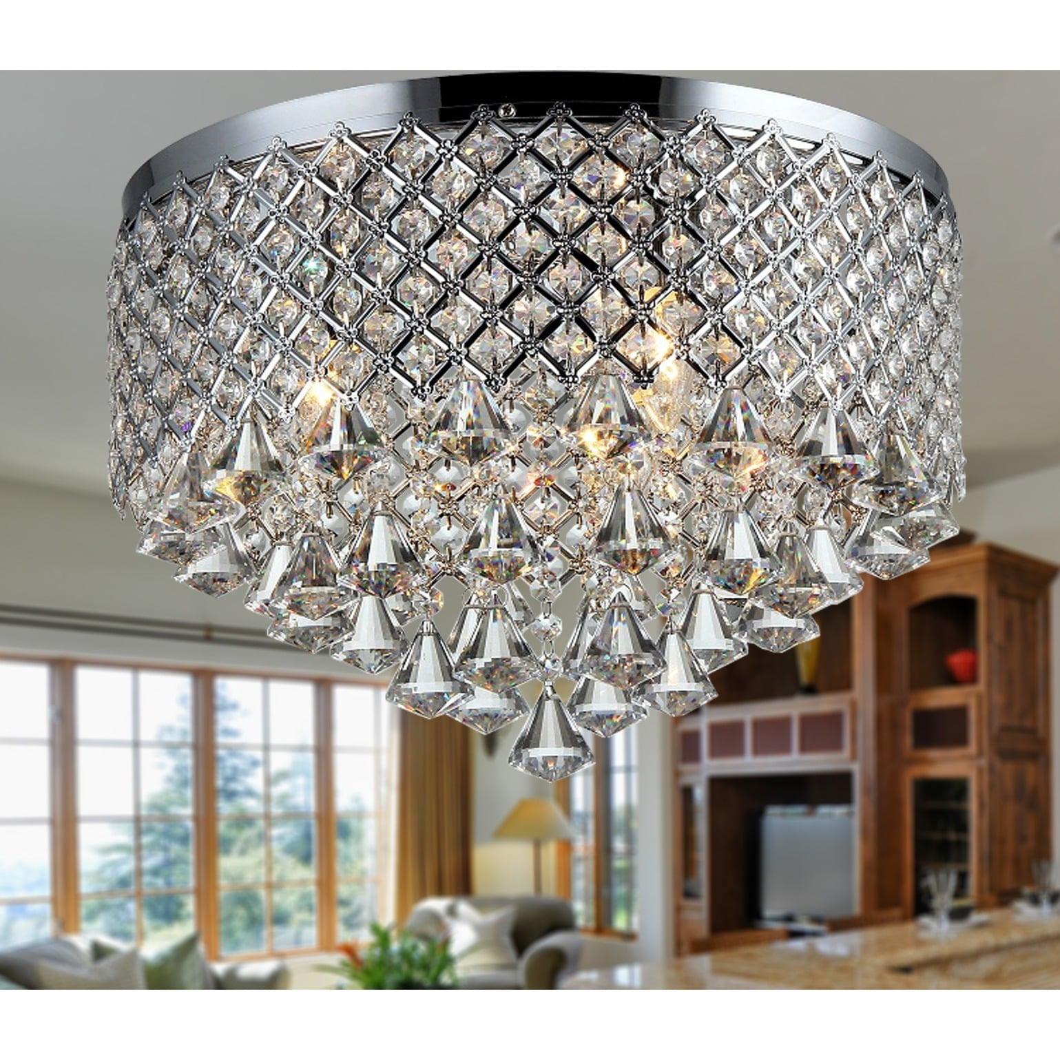 Contemporary Crystal Chrome 18" Drum Flush Mount Light