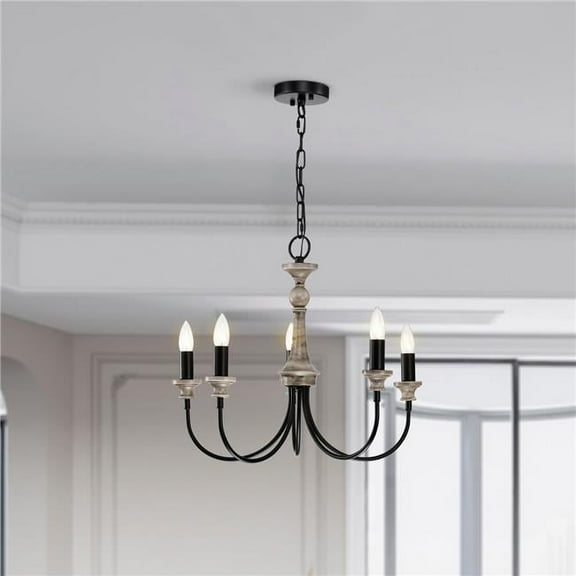 Yura 22 in. 5-Light Indoor Matte Black and Faux Wood Grain Finish Chandelier with Light Kit
