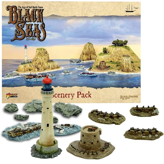 Wargames Delivered Black Seas Scenery Pack Battle Game - Action Figures Includes Rocks, Sinking Vessel, Lighthouse, Gun Emplacements, Digital Bundle - Battleship Model Kit by Warlord Games