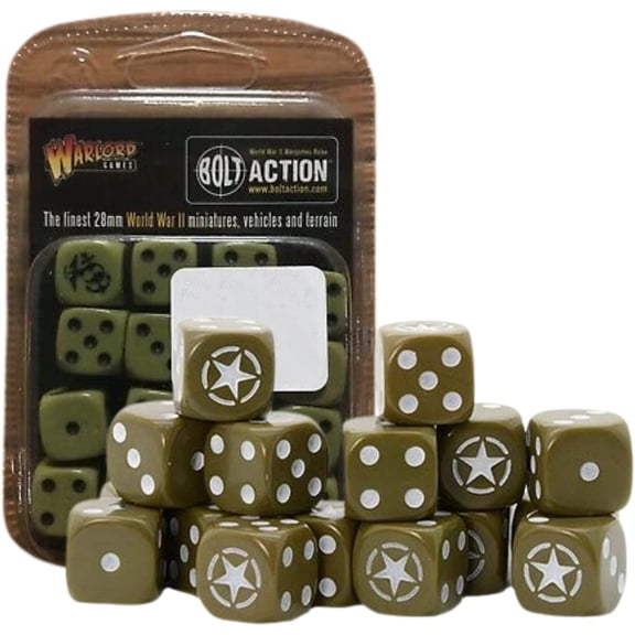 Wargames Delivered Bolt Action Allied Star D6 Pack Contains 16 Order Dice, Olive Drab Color and Action & Numbers Inscribed with White, Digital Bundle Wargame Dice by Warlord Games