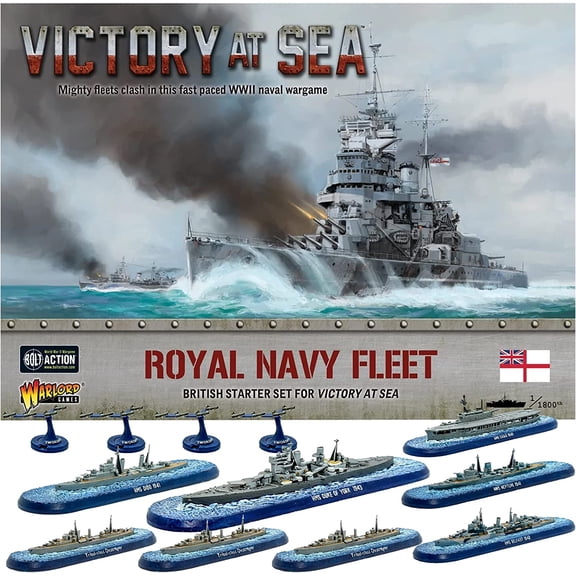 Wargames Delivered Victory at Sea - Royal Navy Fleet Starter Set WW2 Action Figures Include 4 Aircraft, 8 Vessels, Assembly Instructions, Digital Bundle Battleship Plastic Model Kit by Warlord Games