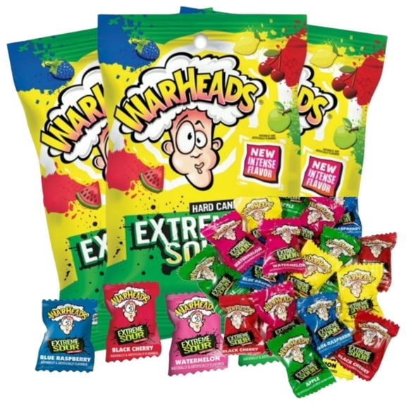 Warheads Extreme Sour Hard Candy - Assorted Flavors - Sour Apple, Black Cherry, Blue Raspberry, Lemon & Watermelon Flavors - 3.25 Ounces Bags. Bags - 3 Pack