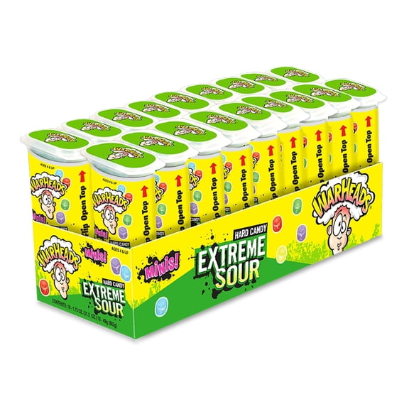 Warheads - Extreme Sour Hard Candy Minis - Sour Apple, Black Cherry, Blue Raspberry, Lemon & Watermelon Flavors - 1.75 Oz. Container - 18 Pack