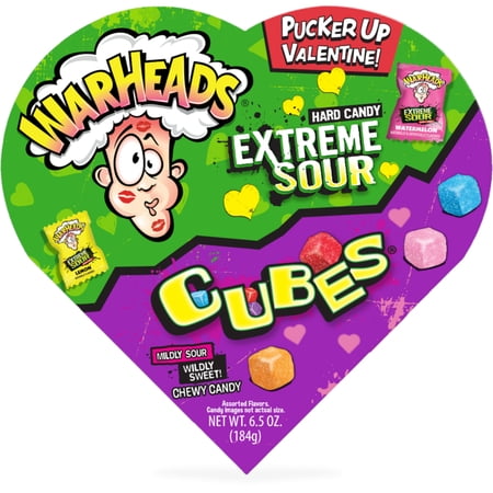 Warheads Large Sour Valentines Heart Box. Cubes & Extreme Sour Hard Candy Combo 6.5oz