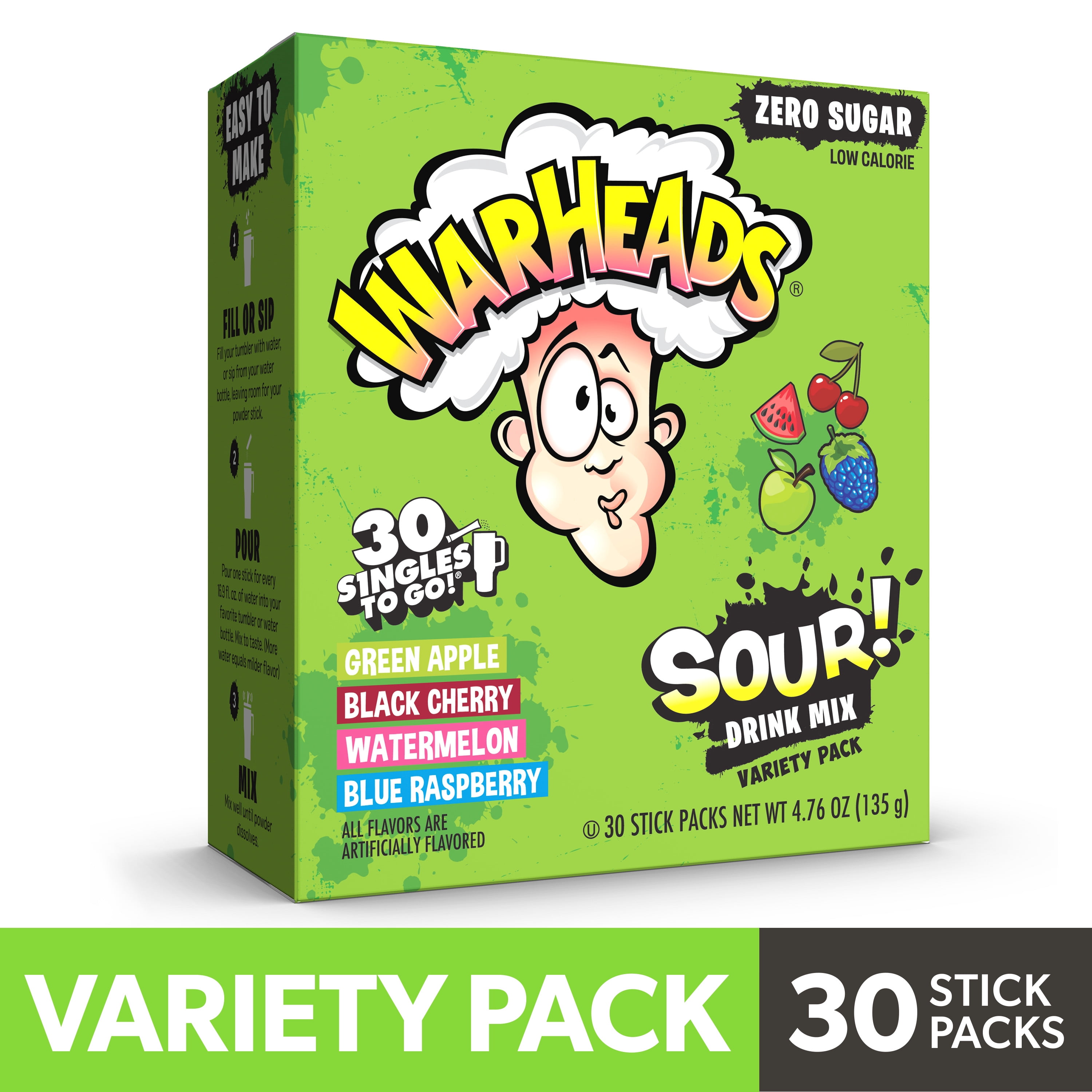 Warheads Singles To Go Sour Drink Mix Variety Pack, 30 Packets, 4 ...