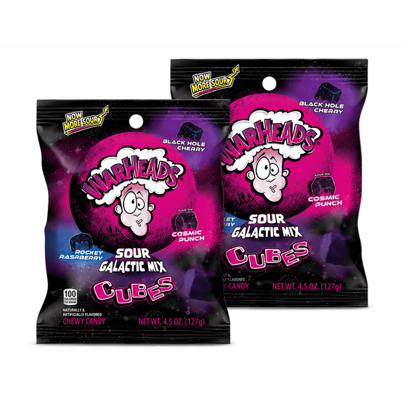 Warheads Sour Galactic Mix Cubes Chewy Candy, Black Hole Cherry, Rocket Raspberry & Cosmic Punch Flavors, 2 Pack, 4.5 oz Each